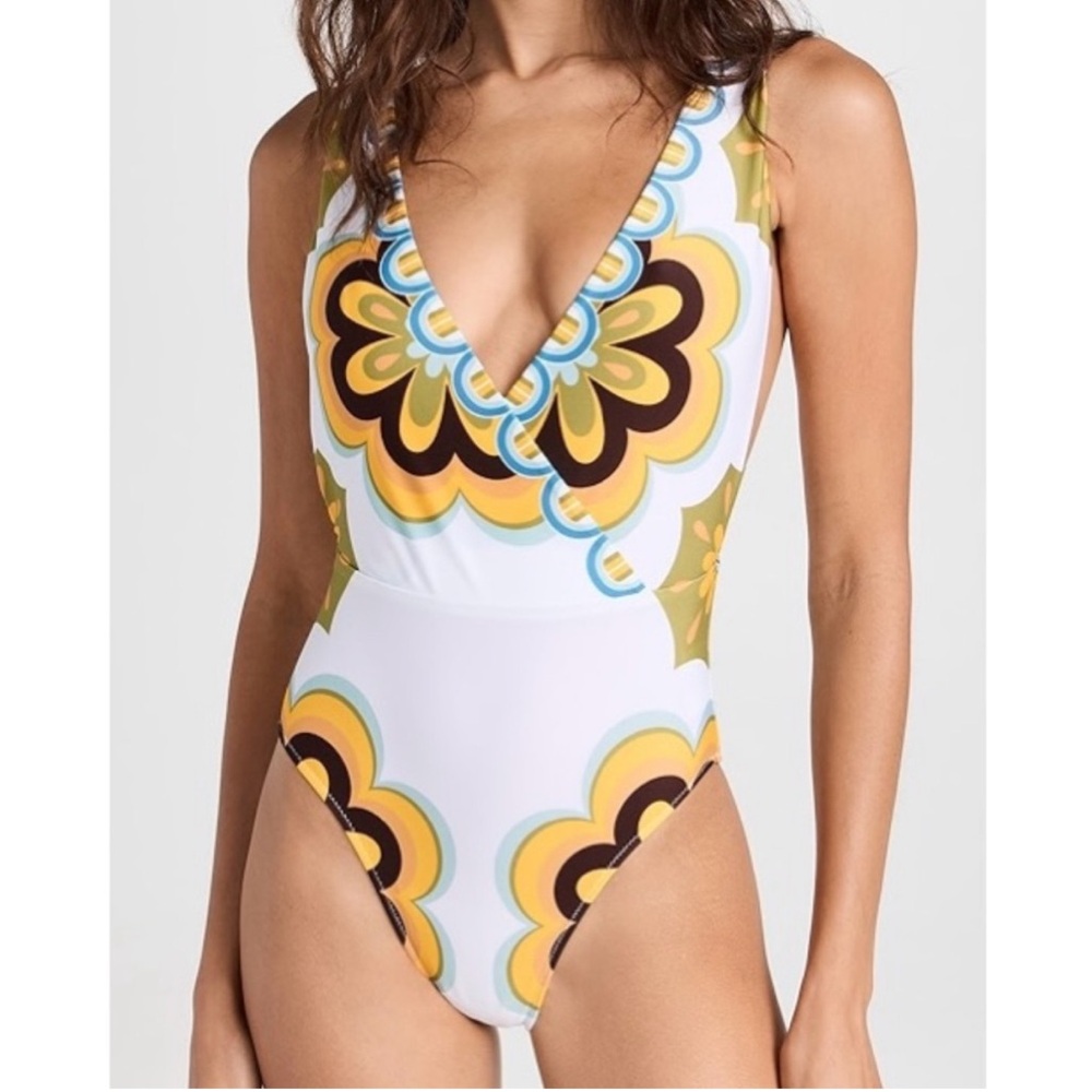 LA DoubleJ White One-Piece Swimsuit with Yellow, Brown & Blue Floral Motif
